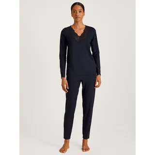 Schlafanzug CALIDA "Elegant Dreams", Damen, Gr. XXS (32/34), blau (schwarz lapis blau), Single Jersey, Obermaterial: 95% Modal (TENCELTM), 5% Elasthan, leicht transparent, unifarben, comfort fit lang, V-Ausschnitt, Homewear-Sets Schlafanzug, Spitze an Ausschnitt und Bündchen, Single Jersey, elastisch, weich
