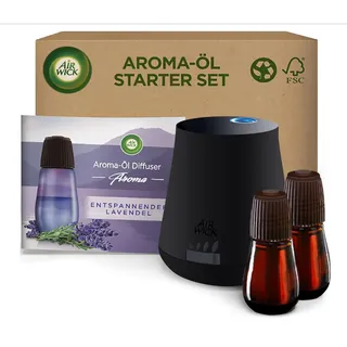 Air Wick Aroma-Öl Flakon Starter Set - Air Wick Diffuser mit 2 Nachfüllern - Blumiger Raumduft mit ätherischen Ölen - Duft: Entspannender Lavendel - 2 x 20 ml Öl + Gerät in Weiß