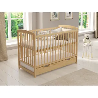 Love For Sleep Babybett Gitterbett mit Schublade 120 x 60 + Schaumstoffmatratze + Sicherheitsgitter aus Holz + Schutzhülle - Braun