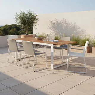 Gardenson Gartentisch , Naturfarben, Weiß , Holz, Metall , Akazie , massiv , Uni , rechteckig , U-Form , 90x74x150-200 cm , ausziehbar , Gartenmöbel, Gartentische, Gartentische ausziehbar