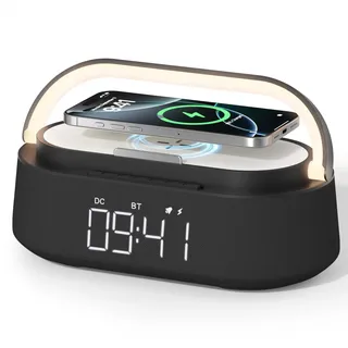 COLSUR Radiowecker Digital mit Wireless Charger, Bluetooth Lautsprecher Smart Wecker Schlummerfunktion Induktive Ladestation mit Licht Nachtlampe, LED Display, Geschenke für Männer Vatertagsgeschenk