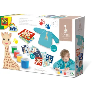SES Creative | Fingermalset Sophie die Giraffe | Kreative Kinderspiele | Beflockte Schürze + 4 Töpfe und 8 Schablonen | Kreative Entwicklung | Waschbare Farbe | Sicherheit | Geschenk ab 1 Jahr