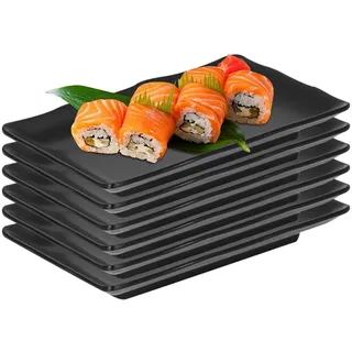 LUPATDY 6er Schwarze Teller Set,Matt Teller Rechteckig 20.8 x13.2 x 2.2 cm,Melamingeschirr,Geschirrsets aus Kunststoff,Geschirrset für Fleisch, Sushi, Snacks, Salate,Spülmaschinengeeignet