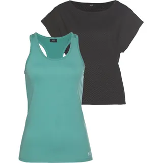 Trainingsshirt H.I.S "2-tlg. Shirt & Top", Damen, Gr. 38, bunt (schwarz, türkis), Obermaterial: 60% Baumwolle, 40% Polyester. Top: 95% Polyester, 5% Elasthan, bequem hüftlang, Rundhals, Shirts Trainingsshirt, Kurzarm, bequeme Passform, sportlich, atmungsaktives Material, Topseller