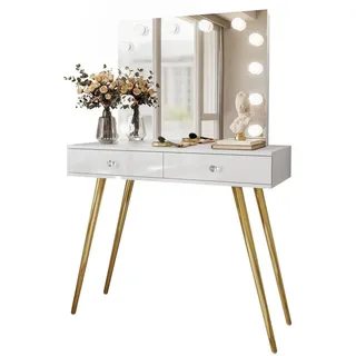 Schminktisch Sienna Gold Elite mit Spiegel , Weiß Hochglanz, Goldfarben , Holzwerkstoff , 100x81x42 cm , Schlafzimmer, Schminktische