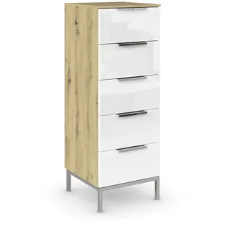 B0CWMHFPH7 Rauch Möbel Flipp, Nachttisch für Schlafzimmer, Flur, Garderobe, 5 Schubladen, mit Softclose Funktion, Griffe und Metallkufe Chrom, Farbe Eiche Artisan, Holz/Glas Weiß, Breite 40 cm