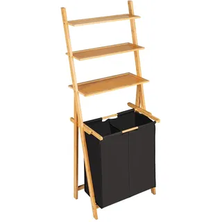 Wenko Leiterregal mit Wäschesammler Mod. Ecori, Leiter aus Bambus, Wäschekorb mit 2 Fächern (je ca. 33 L), Textil aus recyceltem Polyester, Schwarz