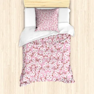 ABAKUHAUS Pink und Weiß Mantele, Cheery Blüte, Milbensicher Allergiker geeignet mit Kissenbezügen, 135 cm x 200 cm - 80 x 80 cm, Rosa, Braun, Weiß - Rosa