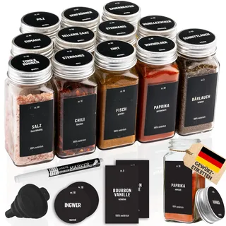 Deco haus® Gewürzgläser eckig mit Schraubkappe 12er Set [+Etiketten & Streueinsatz] - Gewürzdosen Set Glas - Gewürzbehälter Spice Jars - Gewürze Aufbewahrung - Behälter für Gewürze Gewürzaufbewahrung