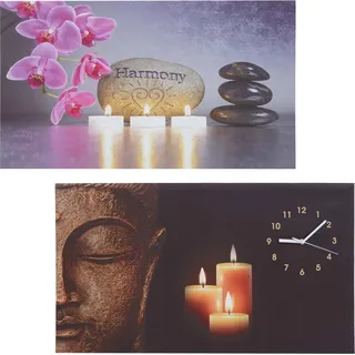 2er-Set LED-Bild, Leinwandbild Leuchtbild Wandbild, Timer Buddha/Harmony Wanduhr 70x40cm - Bunt