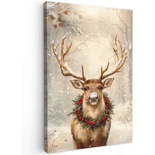 MuchoWow Leinwandbild Weihnachten - Rentier - Winter - Kranz Wanddeko Schlafzimmer 60x90 cm , Naturfarben , Textil , Kiefer , Abstrakt , Rechteckig , 60x90 cm , FSC 100% , gerahmt , Bilder & Rahmen, Bilder, Leinwandbilder