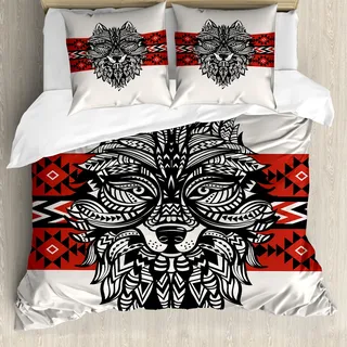 ABAKUHAUS Wolf Bettbezug, Tattoo-Art-Tier Gesicht, Milbensicher Allergiker geeignet mit Kissenbezügen, 200 cm x 200 cm - 80 x 80 cm, Rot Schwarz-Creme
