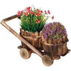 Bild von Pflanzwagen mit 2 Blumentöpfen, Blumenwagen zum Bepflanzen, HBT: 19x17,5x37 cm, Pflanzkarre aus Holz, braun