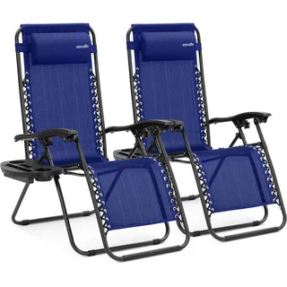 SereneLife Sonnenliege Klappbar 2er Set, Zero Gravity Liegestuhl Garten, bis 120 kg Blau, Verstellbar und Wetterfest, mit Getränkehalter und Kopfstütze, für Balkon Terrasse Strand Relax
