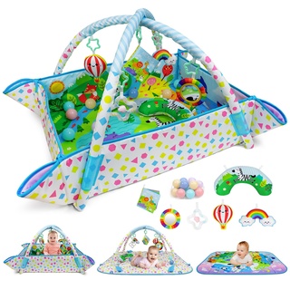 Dr.Rapeti Spieldecke mit Spielbogen, Spieldecke, Spieldecke mit Bällebad, Krabbeldecke mit Spielbogen, Padded Mat for Newborns, Mit abnehmbarem Spiegel, Stoffbuch, Spielzeug und Ball