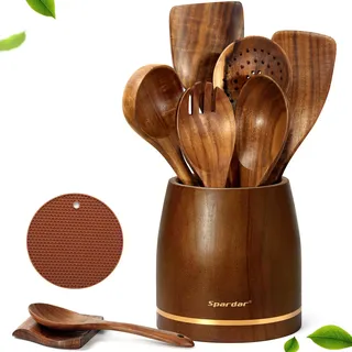 Spardar Holz Kochbesteck, 9 Teiliges Teak Holzlöffel Set mit 6 Kochlöffel Holz, Löffelablage, 5,7" Utensilienhalter und Topflappen für die Küche für Anfänger und Kochliebhaber