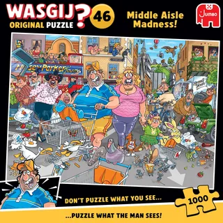 JUMBO Spiele Jumbo 1110100505 - Wasgij Original 46, Middle Aisle Madness!, Parkplatz-Wahnsinn, Comic-Puzzle, 1000 Teile