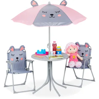 Relaxdays Camping Kindersitzgruppe, Maus Motiv, Kindersitzgarnitur mit Sonnenschirm, Klappstühlen , grau