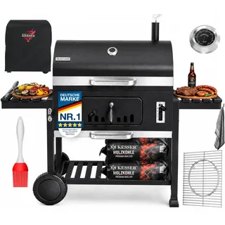 KESSER® Holzkohlegrill XXL Grillwagen Set mit Deckel & Thermometer – großer BBQ Kohlegrill Wagen, Smoker Grill mit Kamin & Lüftung, mit Grillrost, Warmhalterost & Ablage inkl. Haube, Bürste & Pinsel