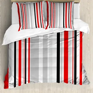 ABAKUHAUS Jahrgang Bettbezug Set, Streifen in verschiedenen Größen Retro-Stil abstrakte Linien altmodisch, 200 x 200 cm + 80 x 80 cm, Vermilion Pale Grau
