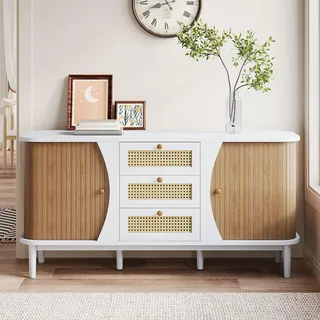 MERAX Sideboard Skandi mit 2 Schiebetüren und 3 Rattan-Schubladen, Rattanschrank Landhausstil Kommode mit Holzbeinen – Eiche Weiß/Walnuss - Weiß