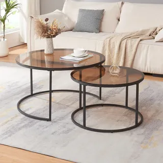 Couchtisch 2er Set 'Kokkola' Metallgestell rund Rauchglas, braun - Braun