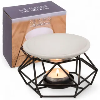 MIJOMA Duftlampe für ätherische Öle, Aromatherapie-Diffusor mit Keramikschale & Metallgestell, Teelichthalter, modern-industrielles Design, Schwarz/Rosegold, 12 x 8 cm (Schwarz)
