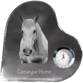 Camargue-Pferd - Kristalluhr mit einem Pferdebild, Herzregal-Uhr, personalisierte Standuhr der Marke Art-Dog