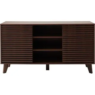 Sideboard mit 2 Schiebetüren und Fronten in geriffeltem Holzoptik, Breite 140 cm, FRIBOURG - Dunkelbraun