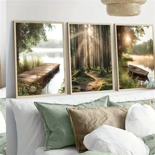 Uixxducc 3er Poster Set, Natürliche Landschaft Bilder Set, Sonnenschein See Wald Berg Boot Poster & Kunstdrucke Wandbilder, Bilder Wohnzimmer Deko Schlafzimmer, Ohne Rahmen (50x70cm,ABC)