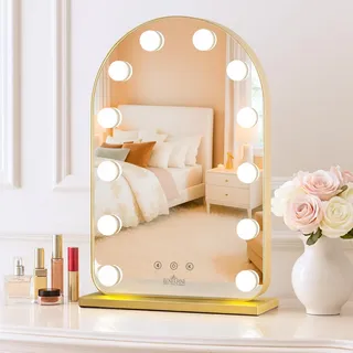 LUXFURNI beleuchteter Hollywood-Schminkspiegel mit 12 LED-Lampen, gewölbtes Design, 3 Farbmodi, 52 × 33 cm, Gold