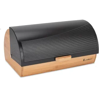 EliteHoff Brotkasten Bambus Metall | Bamboo mit Rolldeckel - Brotbehälter Schwarz - Brotbox mit Deckel für Backwaren, Brotaufbewahrungsbox Edelstahl für Brot, Brötchen ca. 39x26x19cm