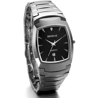JewelryWe Herrenuhr Wolfram Rechteckige Uhr: Luxus Edle Kalender Analog Quarz Armbanduhr Herren Wolframcarbid Business Casual Uhr mit Schwarz Eckigem Zifferblatt Silber Geschenk für Männer