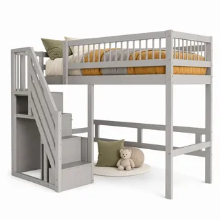 Stilvora Hochbett 90/200 cm in Grau mit Aufbewahrungstreppe und Stauraum , Holz , 90x200 cm , Babymöbel & Kindermöbel, Kinderzimmer & Jugendzimmer, Kinderbetten, Hochbetten