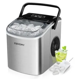 euhomy Eiswürfelmaschine Klein, 9 Eiswürfel in 6 Minuten, 12 kg/24H, Eiswürfelmaschine Edelstahl mit Tragbarem Griff, Selbstreinigender Kompakter Eiswürfelmaschinen für Zuhause/Küche/Büro/Bar