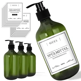 4 Stück 500 ml Seifenspender Flaschen, Leere Plastik Pumpspender für Lotion, Duschgel, Shampoo und Conditioner, Flüssigseifenspender mit Wasserdichten Etiketten für Bad, Küche, Hotel (Grün)