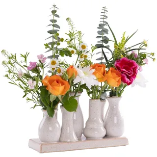 H&D Manufaktur Jinfa Keramikvasen Set – 7 kleine Vasen auf Sockel – Antik-Weiß – Handgefertigte Mini Vasen – Boho & Nordic Tischdeko – Wohnzimmer, Esstisch, Geschenkidee