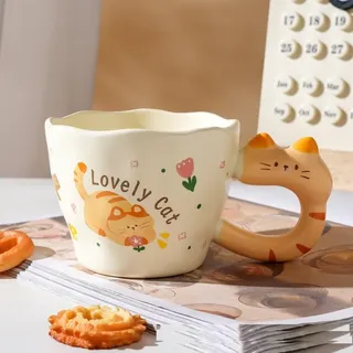 VollfitYYu Süße Keramik Katzentasse niedliche Henkeltasse Cartoon Katze Motiv Porzellanbecher Kaffeebecher Geschenk für Katzenliebhaber Mädchen Männer Freunden Kollegen (Katze mit Blumen)