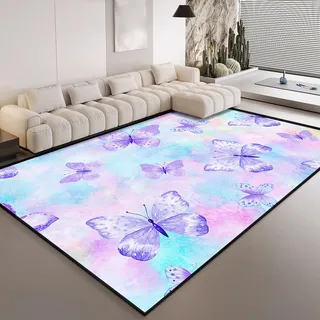 HOSIMA Teppich Mit Lila Schmetterlingsmuster,Weiche,rutschfeste Rückseite,Kurze Teppiche für Kinderzimmer,Küche,Terrasse,Schlafzimmer,rutschfeste Bodenmatte,Kurzflorige,Flauschige Matte(100 * 150)