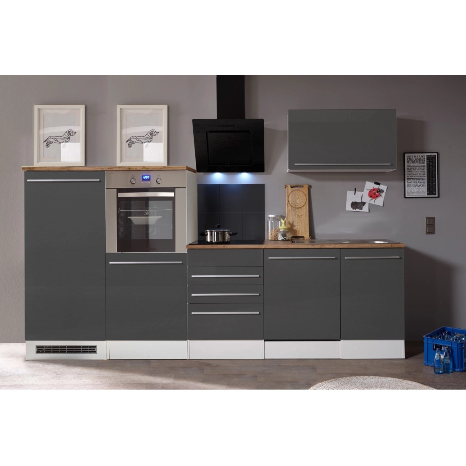 Bild von Küchenzeile Gabriel Doppelblock 290 cm E-Geräte grau hochglänzend