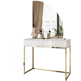 Lookway Schminktisch weiß Quinnie mit LED-Spiegel gold Chrom rechts Push Open , Weiß, Goldfarben , Holzwerkstoff , 100x176x42 cm , Schlafzimmer, Schminktische