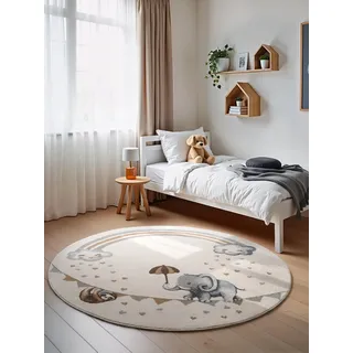 Villeroy & Boch Boho Kids - Kinderteppich Rund - Walk Like an Elephant Rainbow- weicher Kurzflor für Kinderzimmer Mädchen & Junge, Tiermotiv, Spielteppich, Krabbelteppich - Creme Multifarben, Ø160 cm
