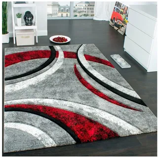 Paco Home Teppich Kurzflor, Konturenschnitt Muster Gestreift Grau Schwarz Rot Meliert, Grösse:240x330 cm