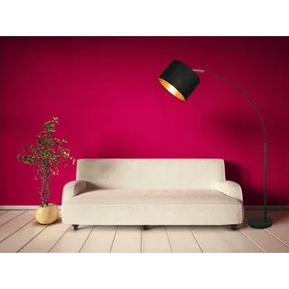 LED Bogenlampe Schwarz mit Stoffschirm innen Gold Leselampe Stehlampe Höhe 171cm