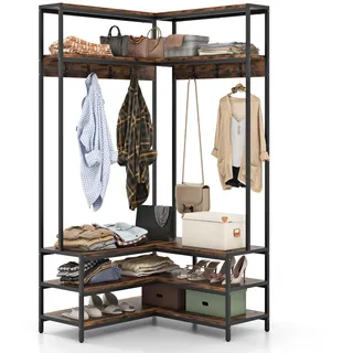 GOPLUS L-förmiger Garderobenständer mit Sitzbank, Eck-Kleiderständer mit 7 Haken und Ablageflächen, Garderobe Schuhregal Garderobenregal für Eingang & Schlafzimmer (Rustikales Braun)