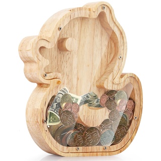 Cyiecw Spardose Kinder Jungen Mädchen Holz,Kleine Gelbe Ente Durchsichtige Piggy Bank,Baby Personalisiert Sparbüchse Groß,Tresor Sparschwein Geburtstag Geschenk Heimdekoration Keepsake Taufgeschenke