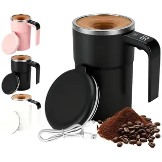 380ml Magnetische Selbstrührende Tasse mit Temperaturanzeige, Wiederaufladbarer intelligente kaffeetasse mit Deckel, Selbstrührender Kaffeebecher für Kaffee, Milch und andere Getränke (Schwarz)
