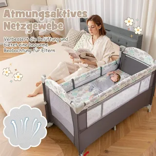 5 in 1 Beistellbett klappbar Reisebett mit Matratze 2 Ebene Babybett mit Rollen Grau - Grau