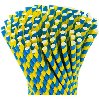 Papier Strohhalme Schweden, 100 Stück, 16 cm lang, 7mm Ø. Strohhalm Schweden Fahne Flagge Gelb Blau Mittsommer, biologisch abbaubar, Umweltfreundlich Einweg Trinkhalm (Kurz)