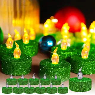 TINYOUTH 12 Stück LED Teelichter Flackernde, Deko Tisch LED Kerzen Elektrische Teelichter, Batterien Enthalten für Hochzeitsfeier Jubiläum Verlobung Dekoration, Grün Glitzernd